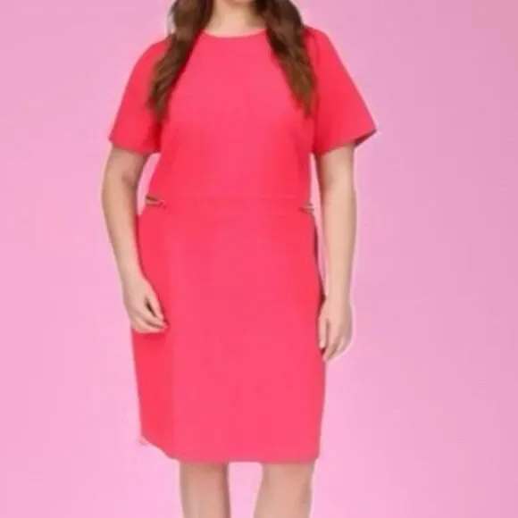pink dress michael kors Michael Kors Womens Hot Pink Tank Sleeve Zipper Vneck Midi Shift Dress Sz S NWT